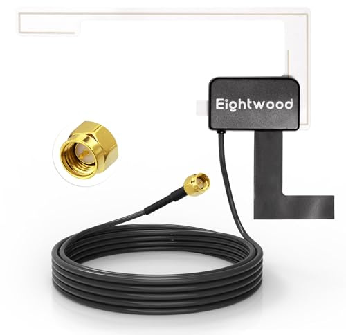 Eightwood Dab Antenne Voiture Antenne Autoradio, Amplificateur Intégré, Câble Coaxial 3M avec Connecteur SMA, Support Pare-Brise, Compatible Autoradio Pioneer、Alpine、Blaupunkt、Clarion