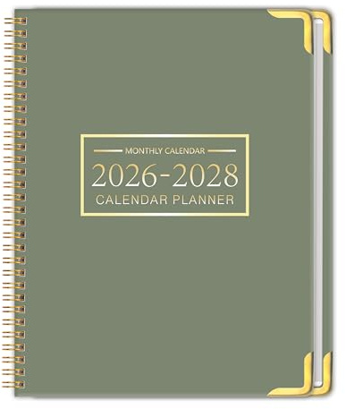 Monthly Planner 2026-2028, Hardcover 3 year calendar 2026-2027-2028 Calendar Book from Jan 2026 - Dec 2028, 9“ x 11”, Spiral Bound,Organizer for Office, School, and Home,Green