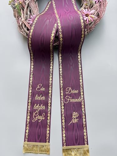 Trauerschleife(Aubergine Lila) mit Jasminrand mit Text personalisiert, Grabsgesteckband Bedruckt nach Wunschtext, Urnen- Grabstrausschleife, Kranzschleife (150mm)