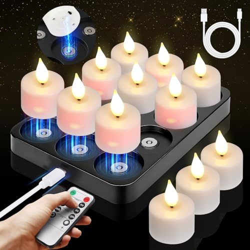 Besight LED Teelichter Wiederaufladbar mit Magnetischer Ladestation, 12er Set Flackernde LED Kerzen mit Timer & 2 Fernbedienungen, Ideal für Weihnachten Halloween Tisch Party Wohnzimmer Zimmer Deko