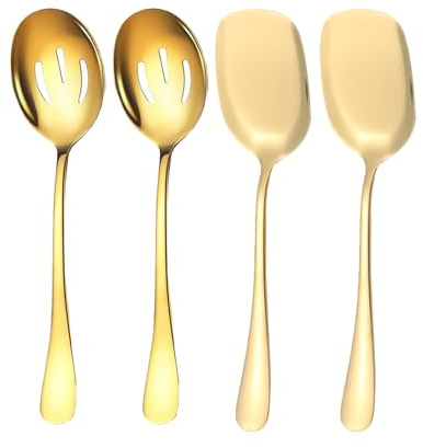 4 cucchiai da portata grandi, in acciaio inox, con manico lungo, per servire cucina, ristorante, banchetti (oro)