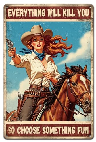 GLOBLELAND Cartel de metal vintage con vaquero dama y caballo, 30,5 x 20,5 cm, divertido para mujer, letreros de chapa, decoración retro de metal para el hogar, habitaciones, cafés, restaurantes