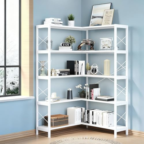Wildhome 5-Regal eckregal stehend, Vintage industrielle eckregal Holz, Corner Shelf Regal mit Metallrahmen Offene Aufbewahrungsecke Schrank (Weiß, 5-Etagen)