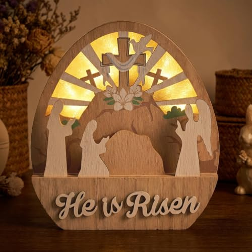 Valery Madelyn Easter Decorations with LED Light, Lighted Empty Tomb Scene and Cross Decoration, Wooden Christian Easter Decor Resurrection Scene for Home Table Shelf, 6.3 inch