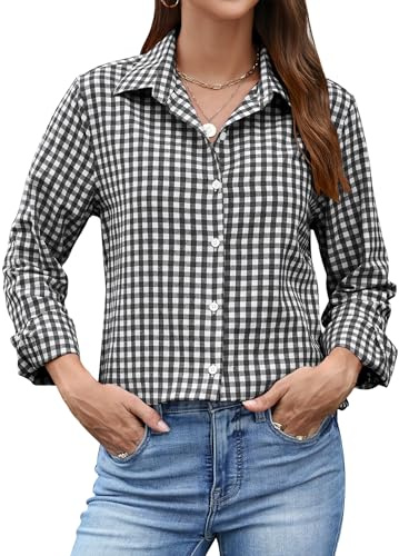 Rapbin - Blusa da donna a maniche lunghe, camicia elegante a tinta unita, a righe, casual, da lavoro, scollata, in cotone, tunica, top, L