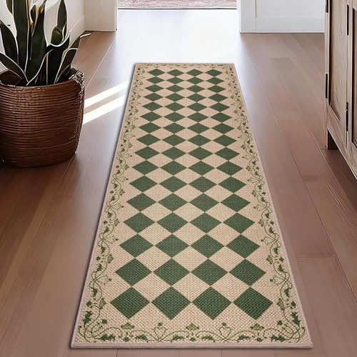 Cekene Tapis Couloir Long Vert 80x200cm Jute Tapis de Cuisine Antidérapant et Lavable Boheme Tapis de Passage pour Sol Entree Interieur Porte
