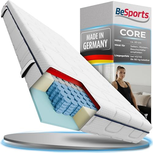 BeSports Core Taschenfederkernmatratze 100x200cm H3/H4, 7-Zonen, wendbar | Zwei Liegehärten, Tonnentaschenfederkern bis 180kg, punktelastisch, OEKO-TEX 100