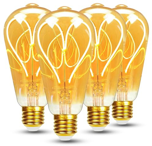 HUSTUNG Edison Vintage Glühbirne, E27 LED Vintage Dimmbar 4W ST64 E27 LED Warmweiss 2700K Retro Glühbirne Ideal für Hotel,Wohnzimmer, Restaurant, Bar - Bernsteinfarbenes Glas - Herzform, 4 Stück
