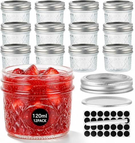 WERTIOO 12 Pack 120ml Small Jam Jars with Lids Mini Mason Jars for Pickling | Mason Jars with Silver Metal Airtight Lids Includes Round Sticker Labels and Marker Pen for Jam, Honey, Food Storage