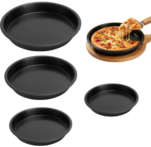 Juego de 4 Bandejas Horno para Pizza con Pincel de Aceite, Bandeja Pizza Horno de 16, 18, 20 y 22 cm, Bandeja Redonda para Hornear Pizzas, Accesorios para Pizza Crujiente en Casa, Color Negro
