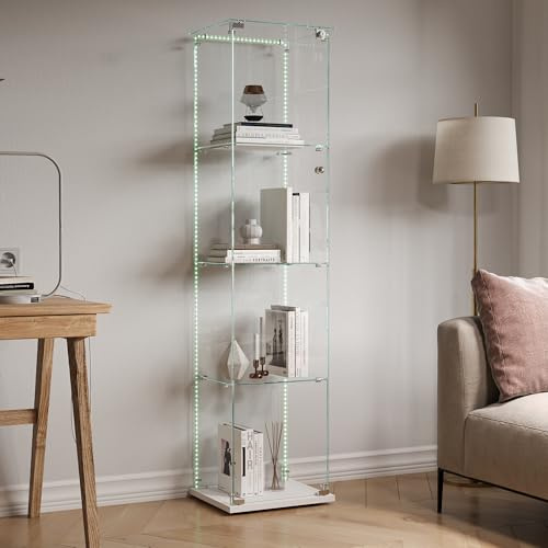 FEEOHOME Glasvitrine Standvitrine, Sammlervitrine aus Glas, Transparent Vitrine mit 4 Schichten mit 1 Tür, gehärtetes Glas Vitrinen für Wohnzimmer, Schlafzimmer, Weiß，39.8x35x163 cm