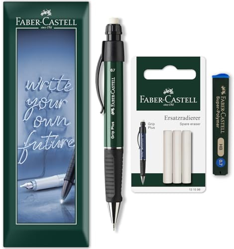 Faber-Castell Grip Plus Druckbleistift + 12 x 0,7 mm HB-Minen + Radiergummi-Nachfüllungen in Umschlagverpackung (Grün)