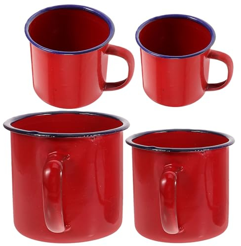 MAGICLULU Set da 4 Tazze Smaltate Vintage Portatili per Tè e Caffè, Piccole Tazzine in Smalto Rosso da 120ml a 500ml, per Casa, Ufficio e Campeggio