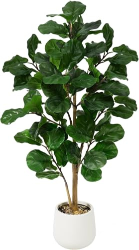 Keeplush Kunstpflanze Fiddle Ficusbaum 150cm, Künstliche Pflanzen Groß mit Weißem Topf und Zierkieseln,Kunstpflanzen Wie Echt zur Dekoration von Büros, Wohnzimmern und Schlafzimmern