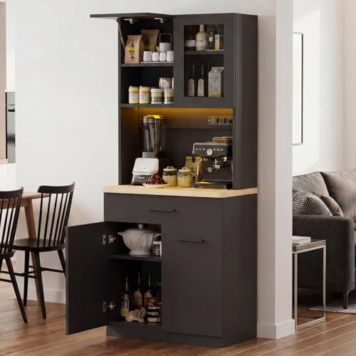 Devoko Küchenschrank mit Arbeitsplatte & Steckdose, Buffetschrank LED Soft-Close, Vorratsschrank Höhenverstellbar Verstärkte Rückwand, Mehrzweckschrank Küche Wohnzimmer, Schwarz