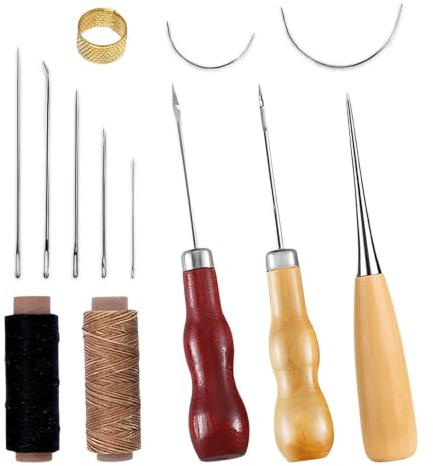 Kit Ago E Filo Per Cucire Pelle,HMCEY Kit Per Cucire La Pelle A Mano | utensili per cucitura pella ,Con 2 Bobine Di Filo (50 M Ciascuna), 7 Aghi, 1 Punteruolo e 3 Rocchetti,Per DIY, Riparazione