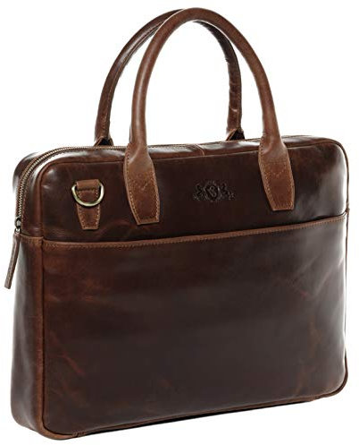 SID & VAIN große Laptoptasche schmal echt Leder - 15.4 Zoll Laptop Business-Tasche Boston L - Umhängetasche Aktentasche mit Laptop-Fach - Ledertasche Herren und Damen braun handgefertigt