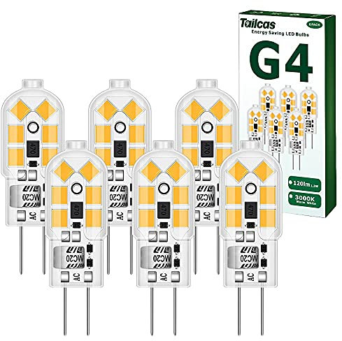 Tailcas G4 LED Lampadina 12V, 1,2W lampade Equivalente Alogeno 10W, Lampadine Bianco Caldo 3000K, Senza Sfarfallio, 120LM, Non Dimmerabile, 6 Pezzi