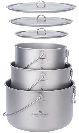 iBasingo pot en titane Pot suspendu de camping 1,3L+1,95L+2,9L Marmite à soupe avec couvercle ustensiles de cuisine d'extérieur Bol de bouilloire léger Ustensiles de cuisine de randonnée