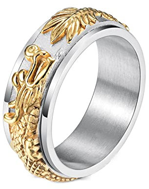 Mesnt Ring Männer Edelstahl, Angst Relief Ring Mit Drachengravur Silber Gold Größe 65 (20.7)