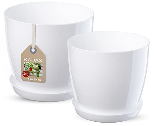 KADAX - Lot de 2 pots de fleurs avec soucoupe - Pots de fleurs en plastique ronds pour l'intérieur - Cache-pots pour fleurs et plantes d'intérieur, pots pour herbes (Set de 2 – 18+20 cm, blanc)