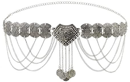 Whoiy Taillenkette XXL, Körperkette Damen Silber Versilbert Bordstein Quaste und Münzen Taillenkette 105Cm Sommer Körperschmuck Zubehör für Frauen