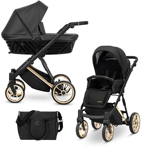 Kunert® IVENTO 2 en 1 Cochecito de bebé combi juego completo, incluye capazo y asiento deportivo con bolsa cambiador/protector de lluvia + saco para los pies I IVE 07 Black Pearl / Gold Frame