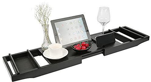 Plateau Baignoire, Étagère de Baignoire Extensible en Bambou, Bambou, Antidérapant, s'adapte à la Plupart des Tailles de Bain avec Support pour Bougie, Verre à vin, Livre, Tablette, iPad et téléphone