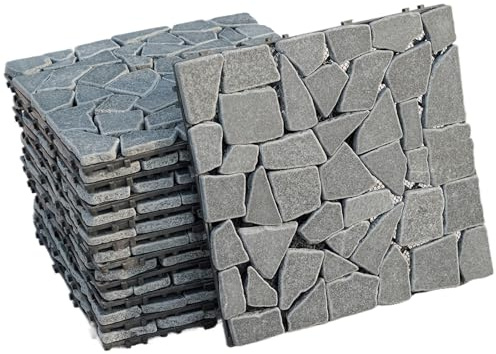 Gr8 Garden 11 Piece Flat Cut Grey Rock Stone Interlocking Floor Decking Tiles Outdoor Patio Garden Lawn Balcony Floor Play Area Deck Terrace Set