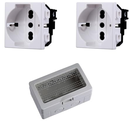 Cassetta Elettrica IP55, Completa Di Frutti Compatibile Con Bticino Matix, 4 Moduli 2 Prese Schuko P40 Universale 10/16A, Scatola Con Coperchio Da Muro Parete Esterno e Interno