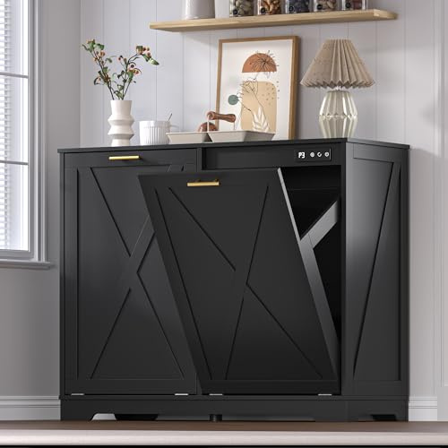 BORNOON Tilt Out Trash Can Cabinet for 2 Bins, Hidden Recycle Garbage Bin Enclosure, Wooden Double Laundry Cabinet with Odor Control, Negative Ion & Ozone, for Kitchen, Bathroom, Laundry Room
