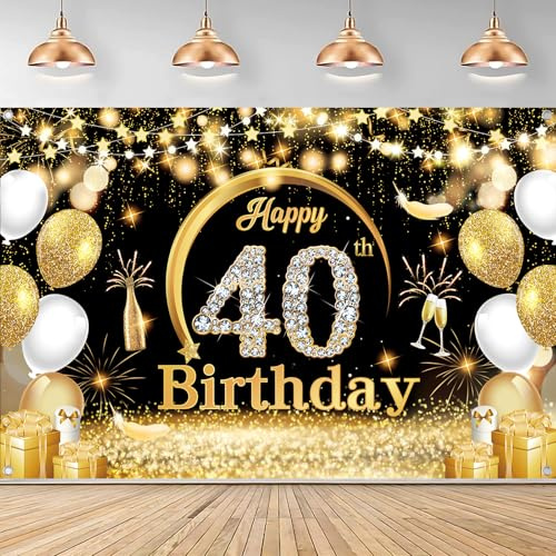 Fairymaiden 40 Ans Banderole Joyeux Anniversaire, 40 Décoration Fête en Noir Or Toile de Fond Bannière Joyeux Anniversaire pour Happy Birthday Banderole Or Noir Hommes Femmes (150x100 cm)
