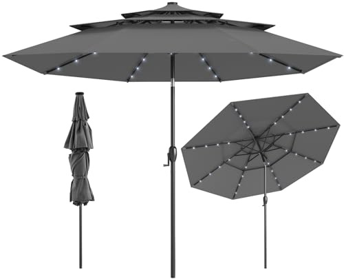 COSTWAY 300 cm parasoll med LED-solbelysning, trädgårdsparaply vindtätt stabil, terrassskärm med vev, böjbar på båda sidor 35°, balkongparaply, marknadsparaply för trädgård, balkong (antracit)