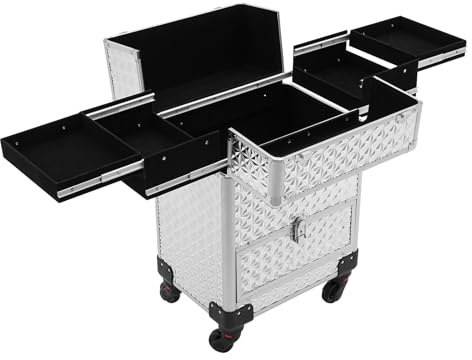 Jiabailie Rolling Makeup Case,Large Storage Cosmetic Trolley w/Drawers,Salon Barber Case w/Key Swivel Wheels,Nail Carts Organizer,Traveling Cart Trunk for Cosmetologist Nail Tech Hairstylist (Silver)