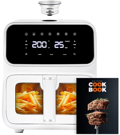 6L Steam Air Fryer,Juicy & Tender Tech，7 Presets, white AirFryer with window,Non-Stick,Shake Reminder(Auto)，Delay start，Large Digital LED Touchscreen，Energy- Saving, Dishwasher-Safe
