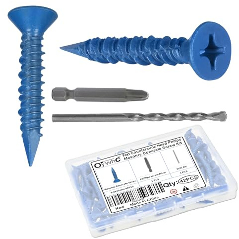 OywhC Lot de 40 vis à béton de maçonnerie 6,3 mm x 45 mm avec tournevis et foret, revêtement bleu spécial, tête fraisée plate, pointe diamant conique, filetage haut-bas, pour maçonnerie/béton/brique