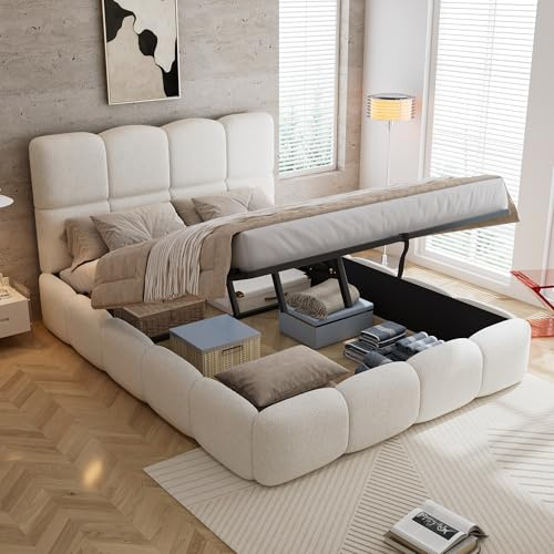 Merax Upholstered Ottoman Bed 4ft6 Double, Hydraulic Storage Bed 135x190cm, Boucle Bed Frame with Soft Headboard, Sturdy Slatted Base, Beige - NO MATRESS