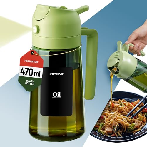 PORTENTUM Spruzzino olio per friggitrice aria 470 ml 2 in 1 funzione spray e versamento – Oliera spray vetro verde protezione dalla luce – Etichette multilingua – Nebulizzatore insalate e grigliate
