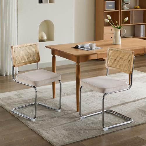 HYSZ Freischwinger Stühle, Freischwinger Wiener geflecht, Mid Century Modern Essstühle Set von 2, Samt Akzent Stühle mit natürlichem Rohr Rücken & Edelstahl Chrome Base (Beige)