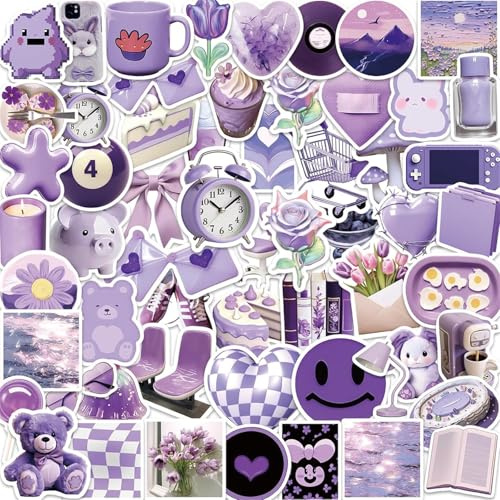 Aesthetic Purple Stickers for Water Bottle,56pcs Cute Aesthetic Stickers for Kids Girls Teens,Waterproof Vinyl Decals for Laptop Journal Scrapbooking Party Favors(Purple)