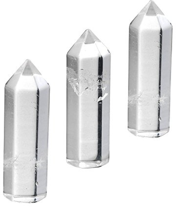 QGEM 3 piezas de 10 x 35 mm minerales, piedra natural de cuarzo de cristal de roca blanco claro, prisma pulida, forma puntual, Hexagone pr energía terática, colección