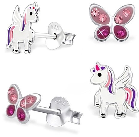 2 Paar Set Mini Ohrstecker Kristall Schmetterling Pegasus Einhorn 925 Echt Silber Mädchen Kinder Ohrringe