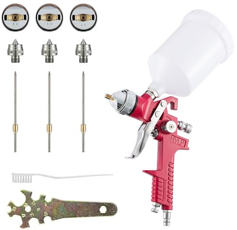 Benbow Kit Pistola per verniciare a spruzzo HVLP con Tazza in Plastica da 600 ml e Corpo in Alluminio - Pistola per Verniciatura ad Alta Precisione con Set di Ugelli da 1,4 mm + 1,8 mm + 2,5 mm