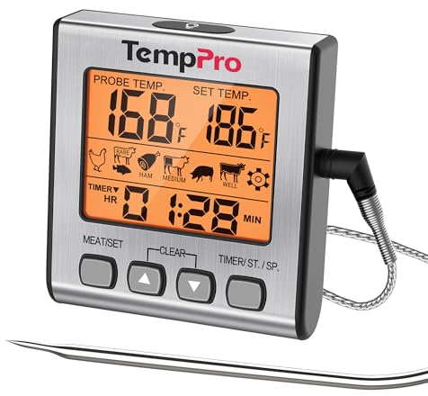 TempPro Digital Meat Thermometer for Cooking and Grilling, BBQ Food Thermometer with Backlight and Kitchen Timer, Grill Temperature Probe Thermometer for Smoker, Oven, Baking,Oil(Previously ThermoPro)
