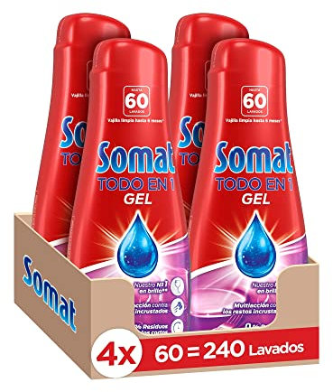 Somat Todo en 1 Gel Detergente Lavavajillas 60 Dosis (pack de 4, total: 240 lavados), jabón lavavajillas con gran poder de limpieza para ciclos cortos, vajilla brillante