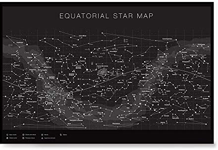 Higly Detailed Equatorial Star Map Poster - Constellations with Star Names - Wall Art Print for School Home Office Classroom Decor - Black - 16X24 inches