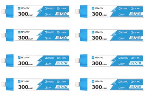 BETAFPV 8pcs BT2.0 300mAh RC Lipo Battery 3.8V 30C/60C for 1S FPV Drone | 1.14Wh with 1.0mm Banana Connector for Tiny Whoop Brushless Quadcopter like Cetus FPV Kit/Air65 Brushless Drone