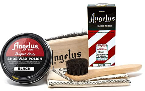 Angelus Shoe Shine Kit, Black- Boot and Shoe Polish Wax, Shoe Cream 3oz, Horsehair Brush, Dauber, and Cloth | 5 Piece Set, Gift Idea for Father's Day, Dad, Husband