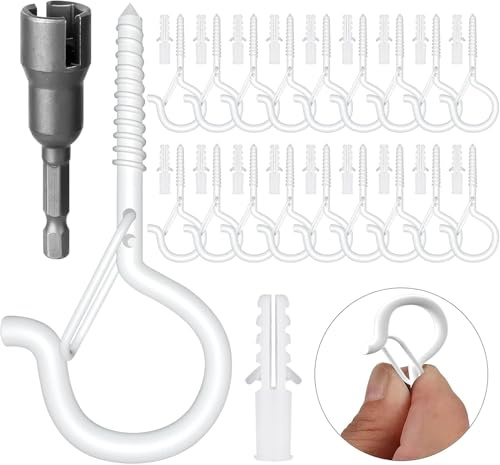 GIPTIME 18PCS Q-Hanger, Screw Hooks for Outdoor String Lights - Ceiling Hooks for Hanging Plants Wind Chimes, Safety Buckle Design, Windproof, 2.2 Inches, White …
