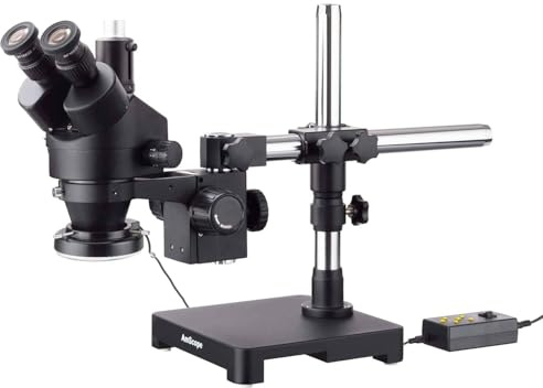AmScope SM-3TZZ-144A-B 3.5X-180X Black Trinocular Stereo Zoom Microscope on Single Arm Boom Stand + 144 Direction Adjustable LED Ring Light